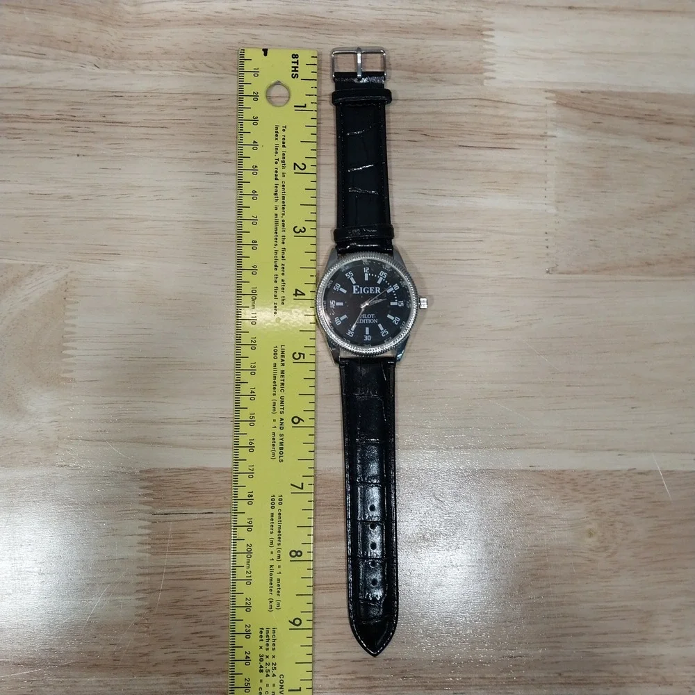 Eiger Pilot Edition Watch Mens Hand Crafted Faux Leather Strap OS Black Silver